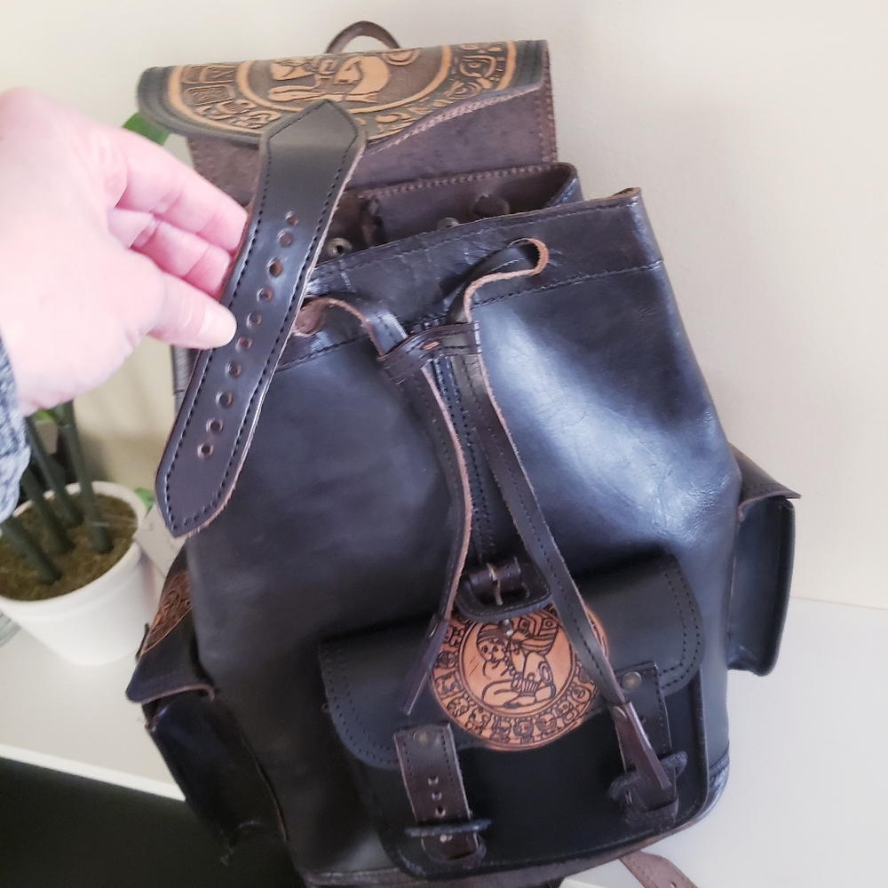 Handcrafted Tooled Leather Backpack - O/S Made In MEXICO - Picture 13 of 15